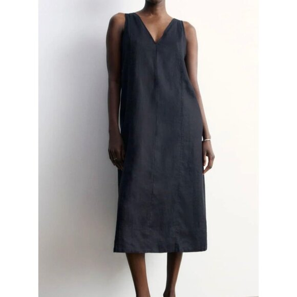 Everlane Black Euro Linen V-Neck Midi Dress 12 $148 - Picture 1 of 10